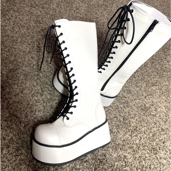Demonia chunky white Tall knee calf platform boots -  Trashville - 502 - Picture 3 of 7